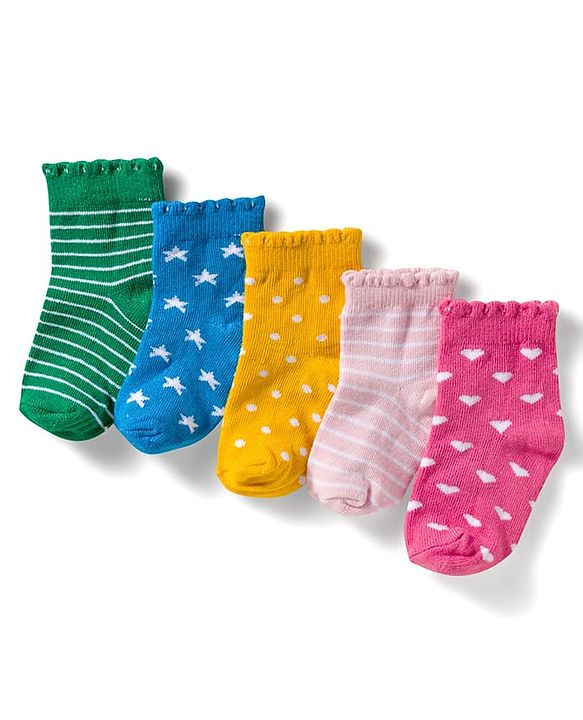 Cute Walk by Babyhug Ankle Length Anti-Bacterial Striped Socks with Polka Dot & Star Design Pack of 5 - Multicolor