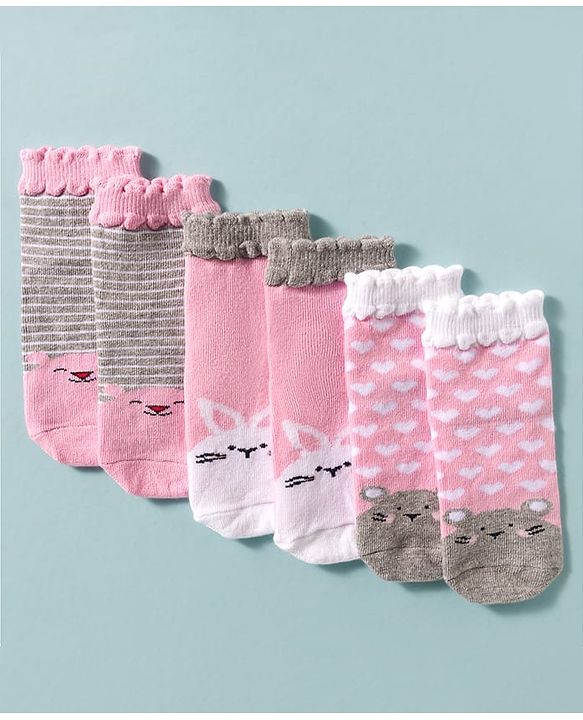 Cute Walk by Babyhug Ankle Length Anti Bacterial Socks With Animal Deign Pack of 3 - Multicolour