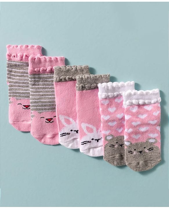 Cute Walk by Babyhug Ankle Length Anti Bacterial Socks With Animal Deign Pack of 3 - Multicolour