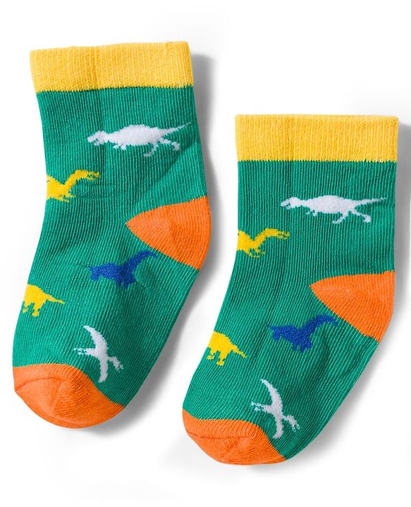 Cute Walk by Babyhug Non Terry Knit Ankle Length Anti Bacterial Socks With Stripes & Dinosaur Design Pack of 5 - Multicolour