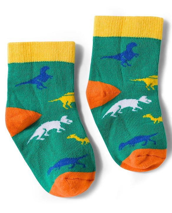 Cute Walk by Babyhug Non Terry Knit Ankle Length Anti Bacterial Socks With Stripes & Dinosaur Design Pack of 5 - Multicolour