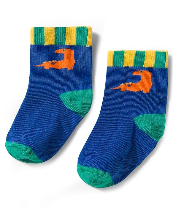 Cute Walk by Babyhug Non Terry Knit Ankle Length Anti Bacterial Socks With Stripes & Dinosaur Design Pack of 5 - Multicolour