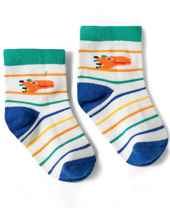 Cute Walk by Babyhug Non Terry Knit Ankle Length Anti Bacterial Socks With Stripes & Dinosaur Design Pack of 5 - Multicolour