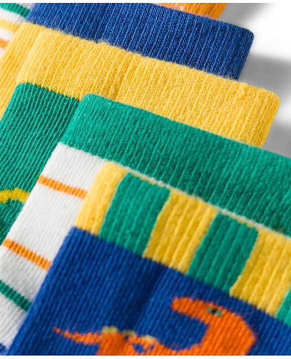 Cute Walk by Babyhug Non Terry Knit Ankle Length Anti Bacterial Socks With Stripes & Dinosaur Design Pack of 5 - Multicolour