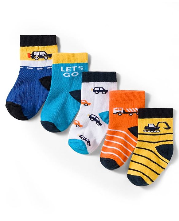 Cute Walk by Babyhug Non Terry Knit Ankle Length Anti Bacterial Socks With Stripes & Vehicles Design Pack of 5 - Mutlicolour