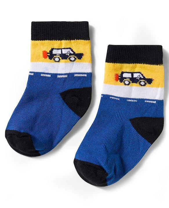 Cute Walk by Babyhug Non Terry Knit Ankle Length Anti Bacterial Socks With Stripes & Vehicles Design Pack of 5 - Mutlicolour