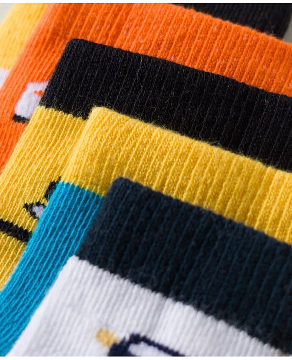 Cute Walk by Babyhug Non Terry Knit Ankle Length Anti Bacterial Socks With Stripes & Vehicles Design Pack of 5 - Mutlicolour