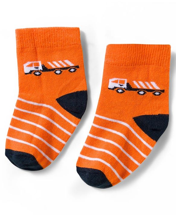 Cute Walk by Babyhug Non Terry Knit Ankle Length Anti Bacterial Socks With Stripes & Vehicles Design Pack of 5 - Mutlicolour