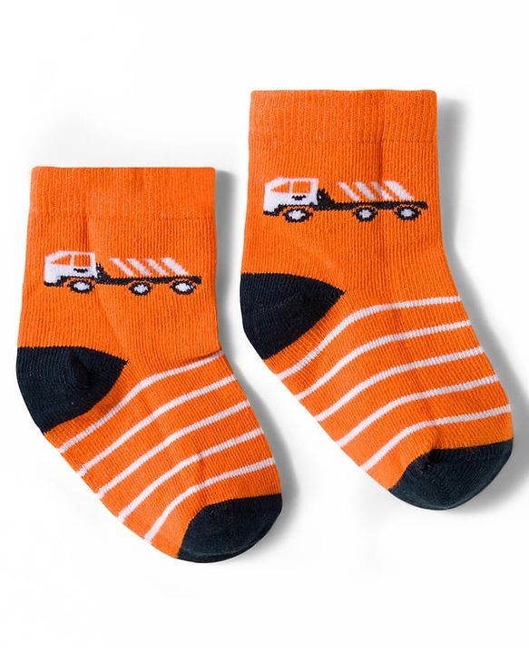 Cute Walk by Babyhug Non Terry Knit Ankle Length Anti Bacterial Socks With Stripes & Vehicles Design Pack of 5 - Mutlicolour