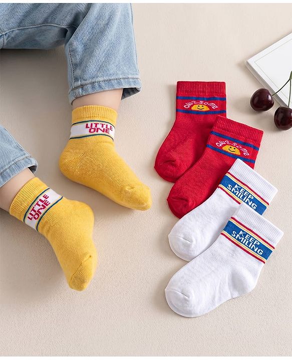 Cute Walk by Babyhug Non Terry Knit Ankle Length Anti Bacterial Socks With Text Design Pack of 3 - Yellow Red & White