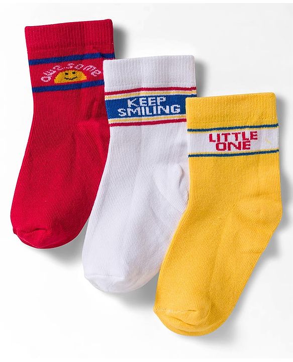 Cute Walk by Babyhug Non Terry Knit Ankle Length Anti Bacterial Socks With Text Design Pack of 3 - Yellow Red & White