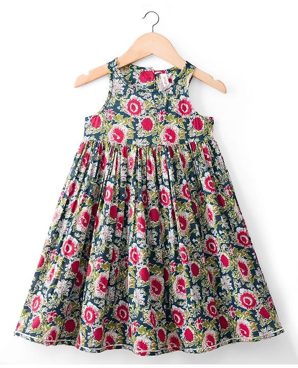 Babyhug Cambric Woven Three Fourth Sleeves Ethnic Dress With Floral Print - Blue