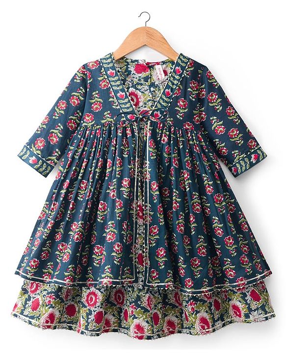 Babyhug Cambric Woven Three Fourth Sleeves Ethnic Dress With Floral Print - Blue