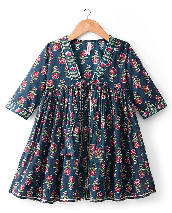 Babyhug Cambric Woven Three Fourth Sleeves Ethnic Dress With Floral Print - Blue