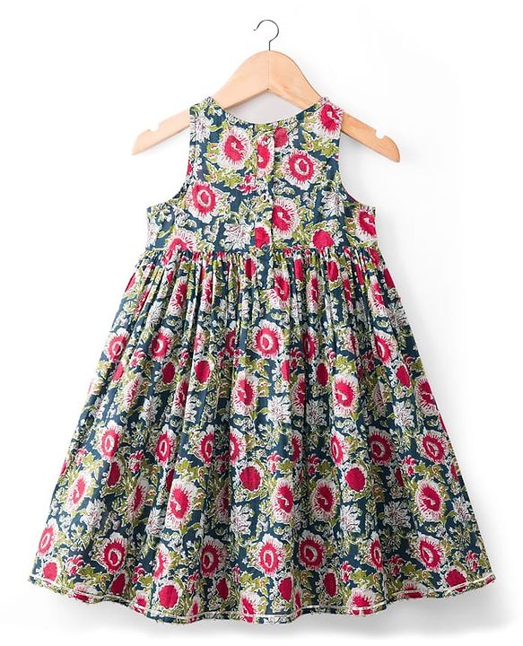 Babyhug Cambric Woven Three Fourth Sleeves Ethnic Dress With Floral Print - Blue