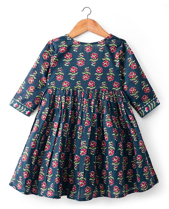 Babyhug Cambric Woven Three Fourth Sleeves Ethnic Dress With Floral Print - Blue