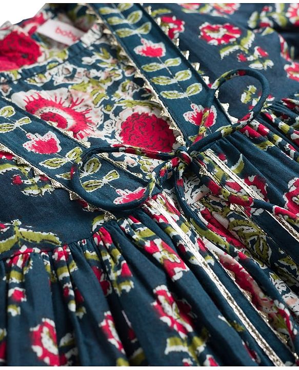 Babyhug Cambric Woven Three Fourth Sleeves Ethnic Dress With Floral Print - Blue
