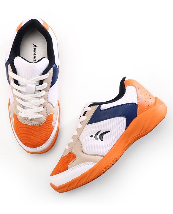 Pine Active Lace Up Solid Badminton Shoes - Orange & White