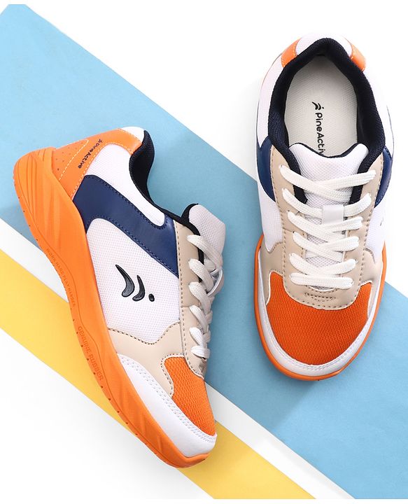 Pine Active Lace Up Solid Badminton Shoes - Orange & White