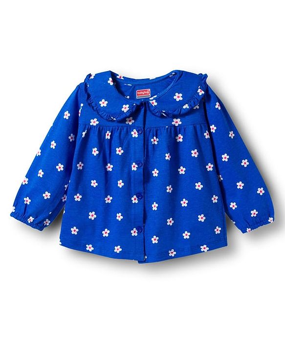 Babyhug Cotton Knit Full Sleeves Top & Pyjama Co-ord Night Suit With Floral Print - Blue