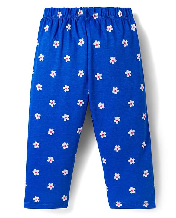 Babyhug Cotton Knit Full Sleeves Top & Pyjama Co-ord Night Suit With Floral Print - Blue