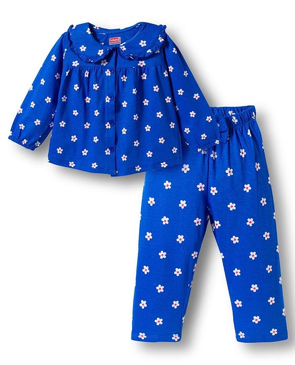 Babyhug Cotton Knit Full Sleeves Top & Pyjama Co-ord Night Suit With Floral Print - Blue