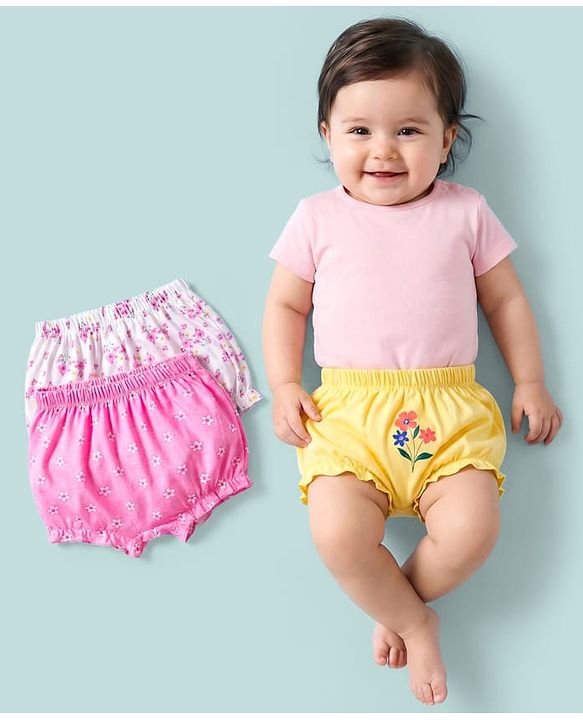 Babyhug 100% Cotton Knit Floral Printed Bloomers Pack Of 3 - Multicolour