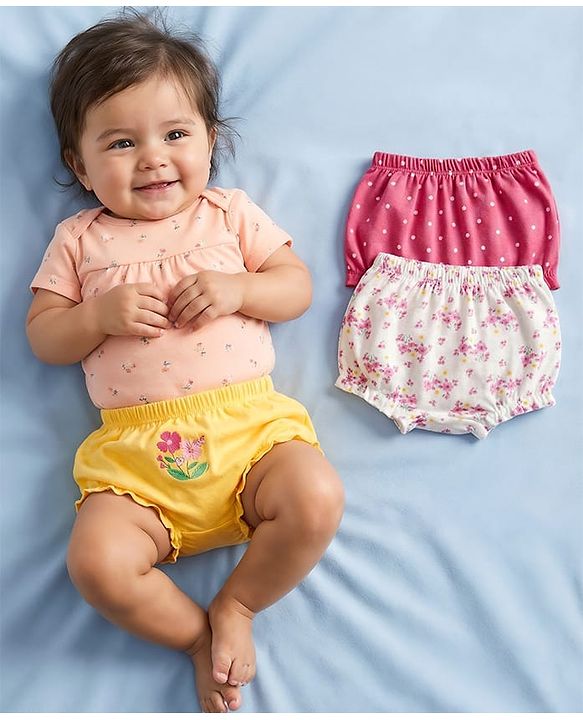 Babyhug 100% Cotton Single Jersey Knit Bloomers Pack Of 3 - Yellow White & Pink