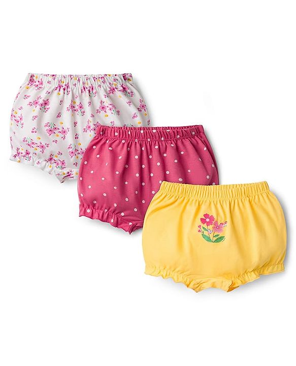 Babyhug 100% Cotton Single Jersey Knit Bloomers Pack Of 3 - Yellow White & Pink