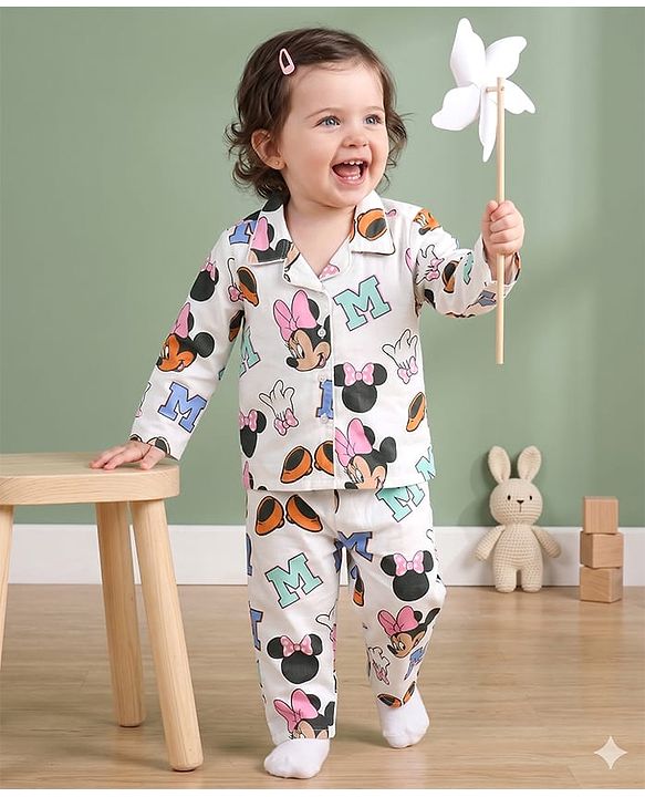 Babyhug Disney 100% Cotton Woven Full Sleeves Front Open Co-Ords Shirt & Pyjama Night Suit With Minnie Mouse Print - White