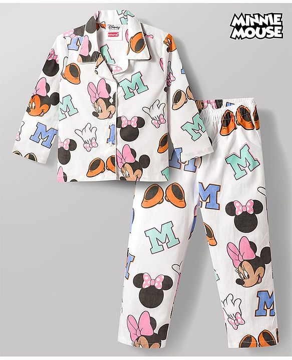 Babyhug Disney 100% Cotton Woven Full Sleeves Front Open Co-Ords Shirt & Pyjama Night Suit With Minnie Mouse Print - White