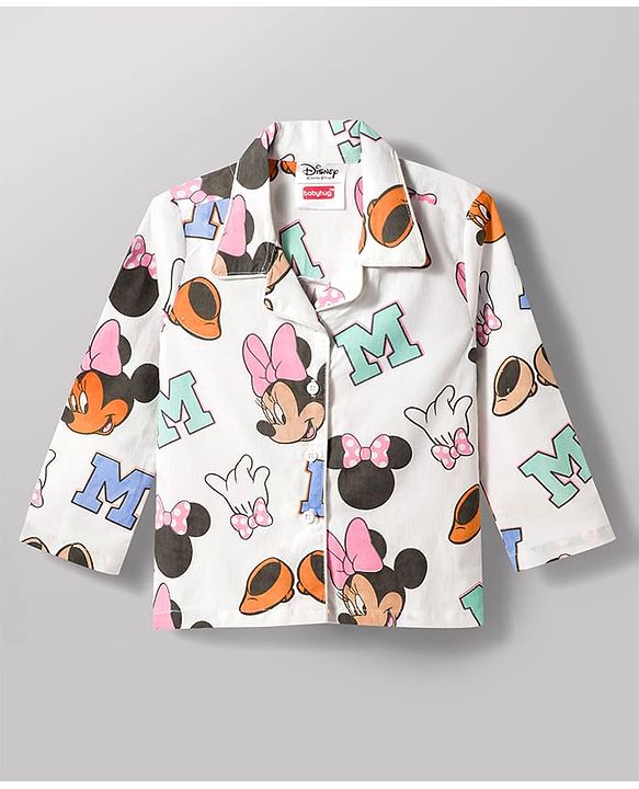 Babyhug Disney 100% Cotton Woven Full Sleeves Front Open Co-Ords Shirt & Pyjama Night Suit With Minnie Mouse Print - White