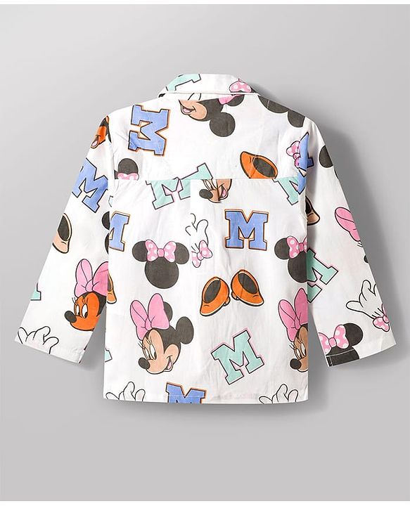 Babyhug Disney 100% Cotton Woven Full Sleeves Front Open Co-Ords Shirt & Pyjama Night Suit With Minnie Mouse Print - White