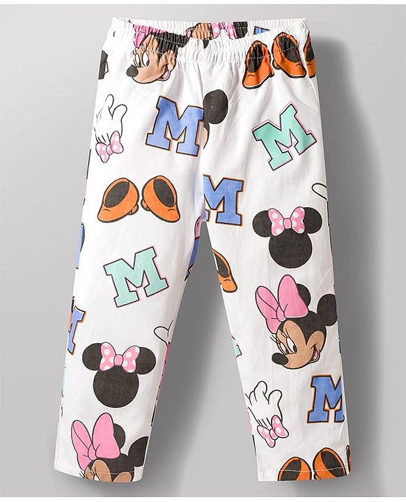 Babyhug Disney 100% Cotton Woven Full Sleeves Front Open Co-Ords Shirt & Pyjama Night Suit With Minnie Mouse Print - White