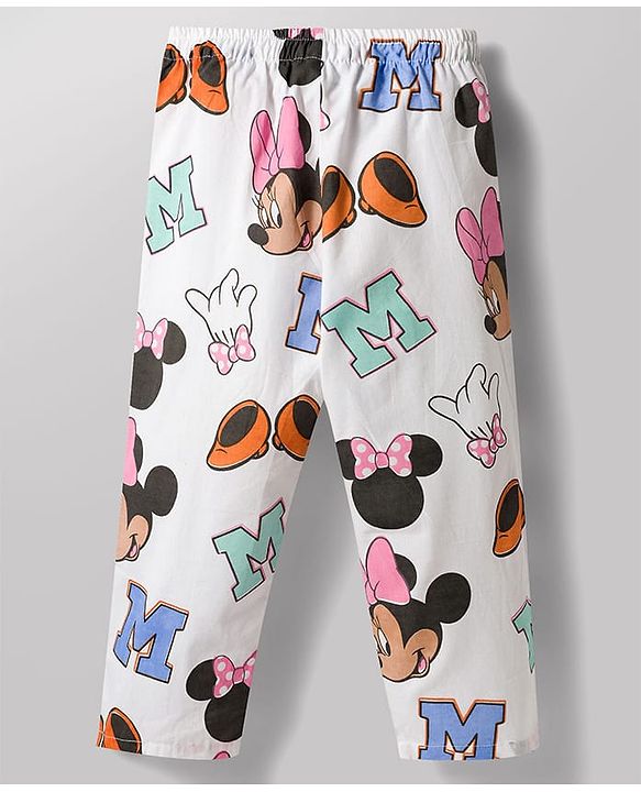 Babyhug Disney 100% Cotton Woven Full Sleeves Front Open Co-Ords Shirt & Pyjama Night Suit With Minnie Mouse Print - White