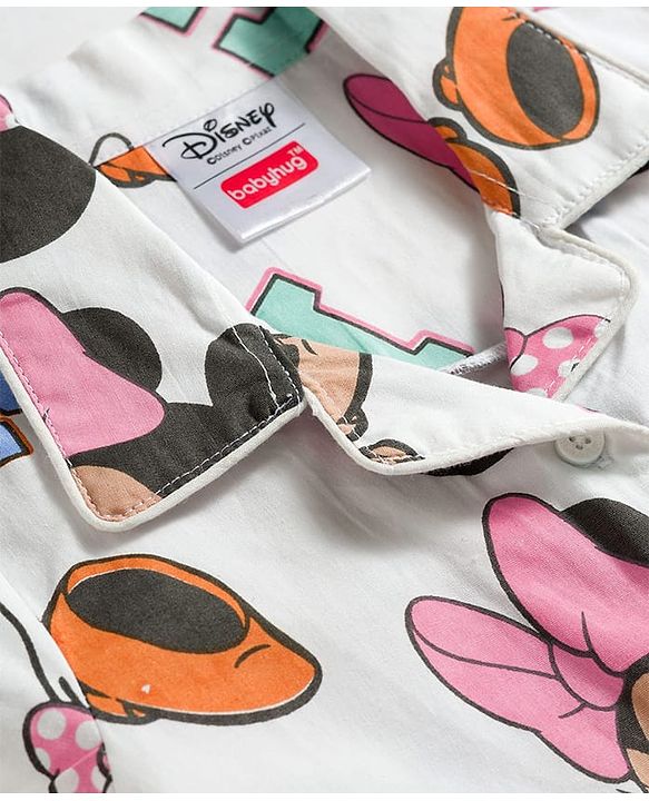 Babyhug Disney 100% Cotton Woven Full Sleeves Front Open Co-Ords Shirt & Pyjama Night Suit With Minnie Mouse Print - White