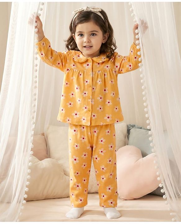 Babyhug Cotton Knit Full Sleeves Top & Pyjama Co-ord Night Suit With Floral Print - Yellow