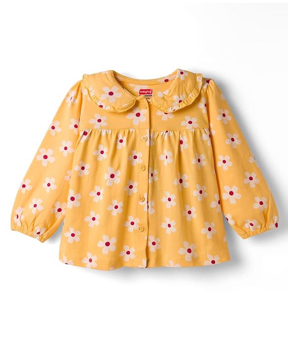 Babyhug Cotton Knit Full Sleeves Top & Pyjama Co-ord Night Suit With Floral Print - Yellow