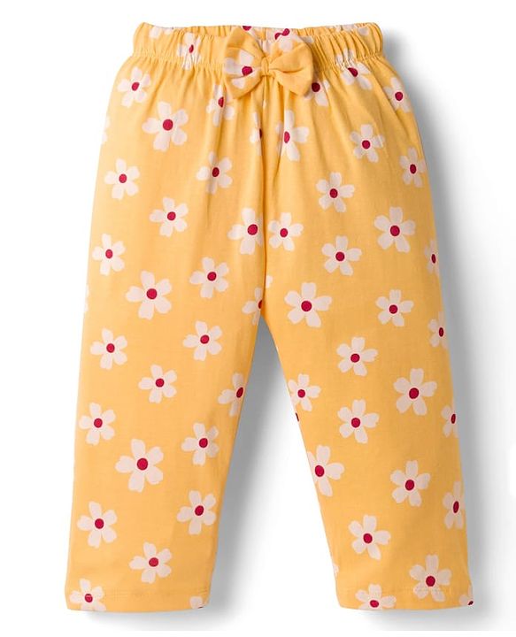 Babyhug Cotton Knit Full Sleeves Top & Pyjama Co-ord Night Suit With Floral Print - Yellow