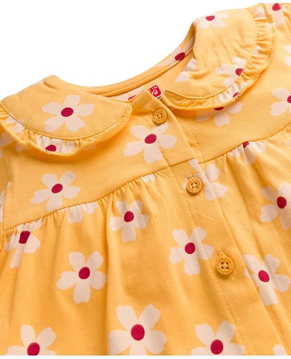Babyhug Cotton Knit Full Sleeves Top & Pyjama Co-ord Night Suit With Floral Print - Yellow