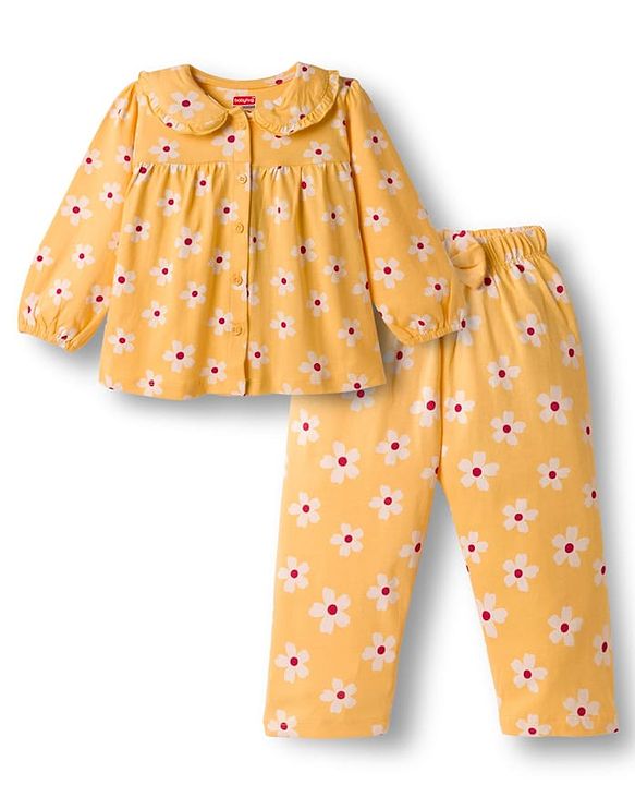 Babyhug Cotton Knit Full Sleeves Top & Pyjama Co-ord Night Suit With Floral Print - Yellow