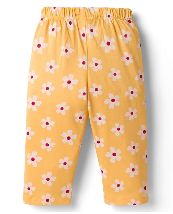 Babyhug Cotton Knit Full Sleeves Top & Pyjama Co-ord Night Suit With Floral Print - Yellow