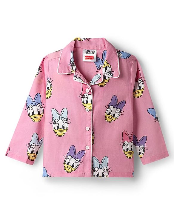 Babyhug Disney Cotton Woven Full Sleeves Shirt & Pyjama Co-ord Night Suit with Minnie Mouse Print - Pink