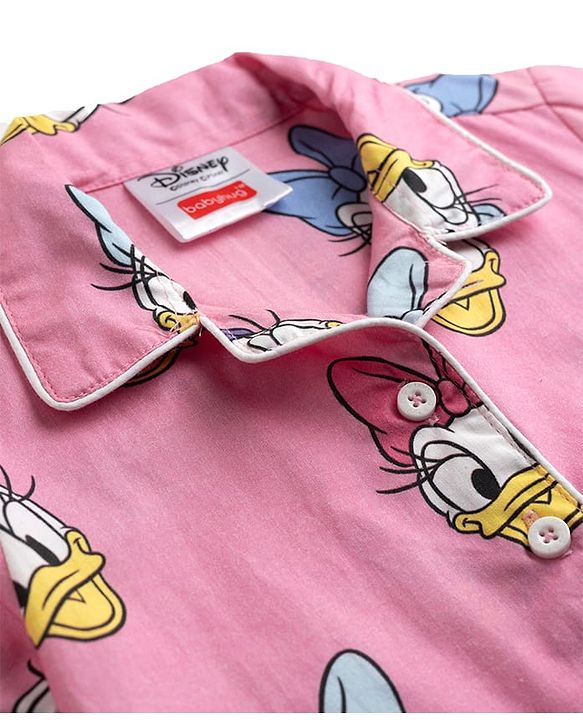 Babyhug Disney Cotton Woven Full Sleeves Shirt & Pyjama Co-ord Night Suit with Minnie Mouse Print - Pink