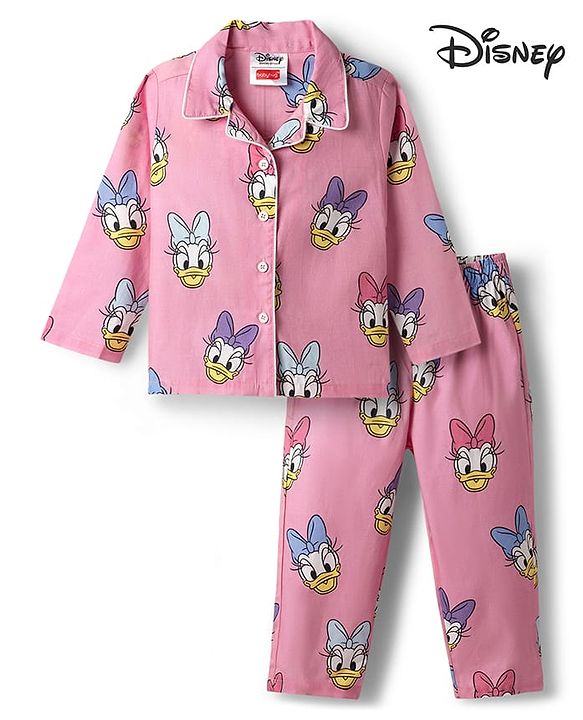 Babyhug Disney Cotton Woven Full Sleeves Shirt & Pyjama Co-ord Night Suit with Minnie Mouse Print - Pink