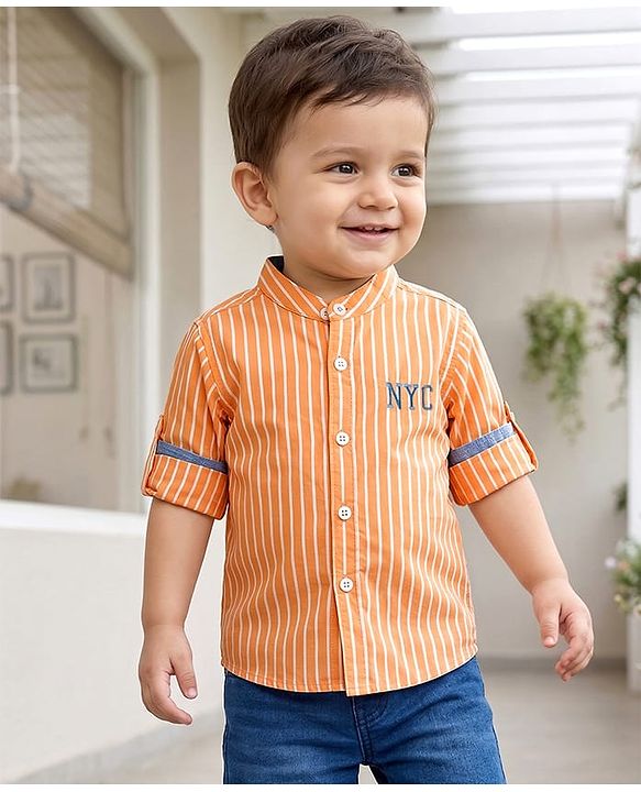 Babyhug Cotton Woven Full Sleeves Striped Shirt With NYC Embroidery - Orange