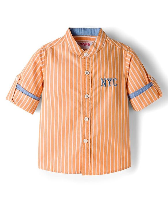 Babyhug Cotton Woven Full Sleeves Striped Shirt With NYC Embroidery - Orange