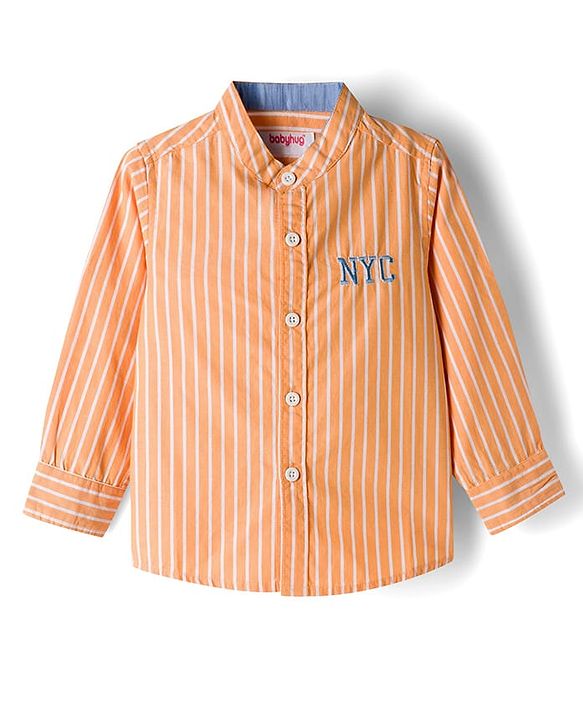 Babyhug Cotton Woven Full Sleeves Striped Shirt With NYC Embroidery - Orange
