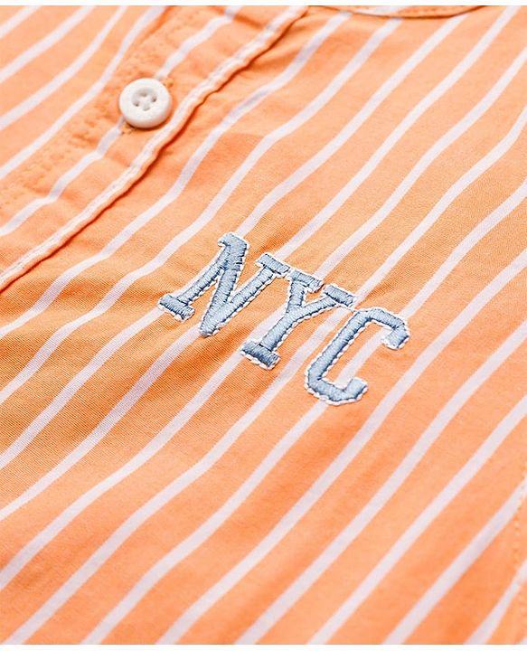 Babyhug Cotton Woven Full Sleeves Striped Shirt With NYC Embroidery - Orange