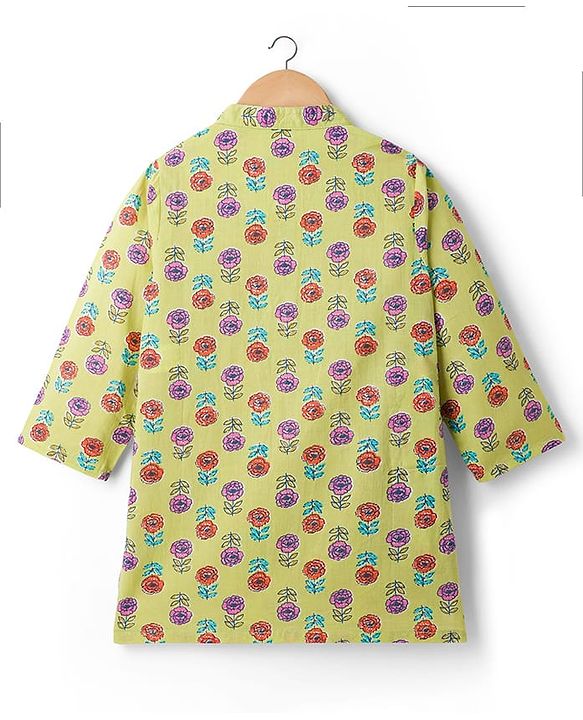 Babyhug Woven Full Sleeves Floral Printed Kurta & Dhoti Set - Green